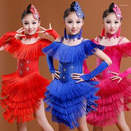 Stage Wear Children Tassel Latin Dance Dress Sequin Girls Costume For Competition Kids Modern Ballroom Dancewear 89