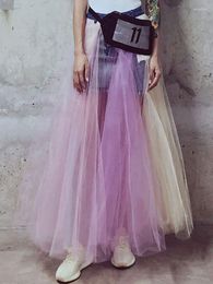 Skirts 2023 Summer Women's Long Fashion High Waist Denim Skirt Stitching Mesh Tutu Trendy Female