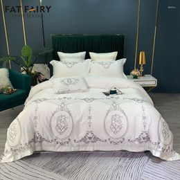 Bedding Sets Luxury White Satin Cotton Embroidery Set Soft Silky Double Duvet Cover 1 Bed Linen Fitted Sheet 2 Pillowcases 4Pcs