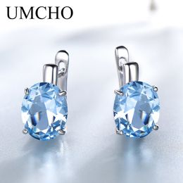 Ear Cuff UMCHO Blue Topaz Clip Style Women's Earrings Solid 925 Sterling Silver Jewellery Oval Gem Korean Earrings 230512