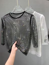 Women's T-Shirt Mesh Diamond Crystal Coat Diamond Ultra Fairy Inside Take Party Bling Hollow-out Render Unlined Upper Garment and Shiny T Shirt 230515