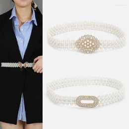 Belts White Pearl Elastic Belt For Women Fashion Casual Dress Accessories Gothic Retro Trend Slim Rhinestone Buckl Waistband 2023