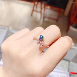 Cluster Rings Natural Black Opal Ring 925 Silver Certified 4x6mm Burst Flash Fire Coloured Gemstone Pretty Girl Gift