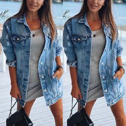 Women's Jackets Autumn Winter Long-Sleeve Lapel Wash Water Hole Casual Women Denim Jacket Ladies Fashion Loose Street Maxi Denim Femme Coat 230515