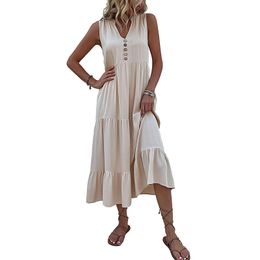 Casual Sleeveless Tank Dress Women Summer V Neck Buttons Ruffle Midi Dresses 2023 Elegant Fashion Beach Loose Sundress