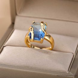 Band Rings Cubic Zircon Blue Square Stone Rings For Women Stainless Steel Square Stone Finger Ring Party Aesthetic Valentine Jewelry Gift