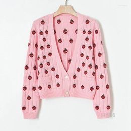 Women's Knits Cute Pink Cardigan With Strawberry Embroidery Women Sweet Cropped 2023 Sweater White Knitwear Black Tops