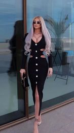 Casual Dresses High Quality Stretch Graceful Curve Solid Black Sexy Hollow Out Long Sleeve Midi Celebrity Party Women Bandage Dress Backless