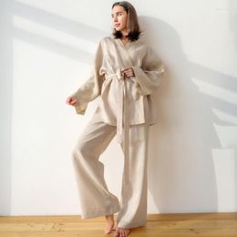 Women's Sleepwear Women Cotton Kimono Elegant Robe Sets With Sashes Leisure Loose Homewear Soild Color Bathrobe Nightwear