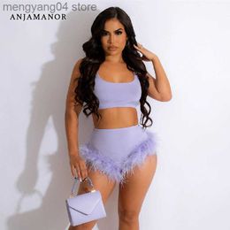Women's Tracksuits Purple 2 Piece Short Sets Women 2023 Sexy Summer Night Club Outfits Furry Feathers Booty Shorts and Crop Top D42-CH11 T230515