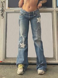 Jeans Sweetown Low Waist Y2K Denim Pants Star Patches Vintage Grunge Flared Jeans Woman Ripped Stitched Pockets Streetwear Bottoms