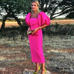 Hot Pink Women Sheath Prom Dress for Birthday Party 2023 Square Collar Satin Long Ankle Length Evening Formal Gowns Robe De Soiree Customed