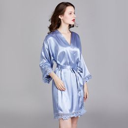 Women's Sleepwear Female Full Sleeve Casual Kimono Robe Gown Sweet Lace Trim Sexy V-Neck Home Dress Bride Bridesmaids Bathrobe With Belt