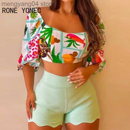 Women's Tracksuits Women Casual Square Collar All Over Print Crop Tops Solid Bottom Sexy Short Sets T230515
