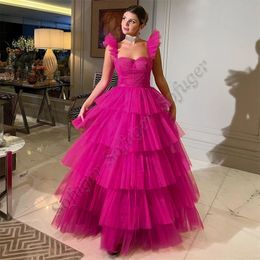 Party Dresses SOFUGE Ruffled Straps Fuschia A Line Evening for Women Backless Wedding Layered Robes Vestido Longo 230515