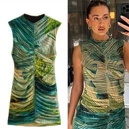 Two Piece Dress Fashion Green Geometric Print Pleated Mini Women Summer Sexy O Neck Sleeveless Short es Female Chic Slim Vestidos 230512