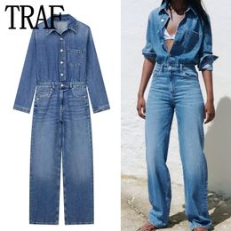 Women's Two Piece Pants TRAF Blue Denim Jumpsuit Women Elegant Long Jumpsuits Woman Long Sleeve Jean Woman Jumpsuit Straight Leg Summer Overalls 230512