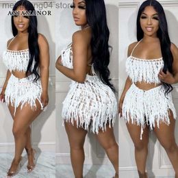 Women's Tracksuits Sexy See Through Knit Crochet Fringed Short Sets Beach Vacation Summer Outfits for Women 2023 Two Piece Set D0-DG25 T230515