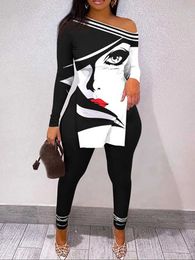 Women's Two Piece Pants Skew collar pullover top slim fit pants elegant suit female printed long sleeve pants suit female streetwear vintage two piece set P230515