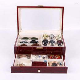 Jewelry Pouches Luxury Wooden Watch Box Double Layer Red Wine Watches Glasses Display Storage Organizer Wood Case Gift