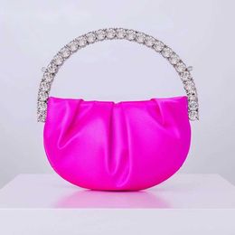 Shoulder Bags Glittering Crystal Circular Evening Women Chic Boutique Mini Rhinestone Fold Satin Clutch Purses and Handbags Wedding Party 230426