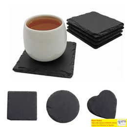 Slate Stone Drink Coasters Cup Mats Natural Dish Plate for Bar Kitchen Home Decor Black 10cm