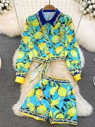 Women's Two Piece Pants 2023 Summer Runway Fashion Sicily Lemon Print Two Piece Outfits Women Long Sleeve Bandage Top Harvest + Beach Pocket Shorts Sets P230515