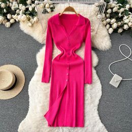 Casual Dresses Sexy Club Lapel Bodycon Knitted Dress Women Fall Winter Solid Slit Hip Pencil Long Woman Clothing Robe Longue