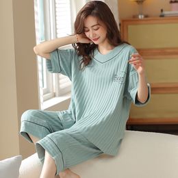 Women's Sleepwear Summer Knitted Cotton Pajama Set Women Short Sleeved Calf-Length Pants Sleepwear M-6XL Loose Pyjamas 230515