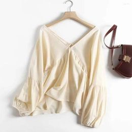 Women's Blouses Maxdutti Beige Color Big V-neck Causal Shirt Pure Cotton Blouse Women Tops Indie Folk Fashion