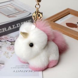 Luxury Real Rex Rabbit Fur Unicorn Keychains Plush Pony Pendant Bag Car Key Chain Women Ladies Keyrings Fashion Birthday Gift