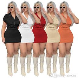 Vestidos casuais femininos de grife 2023 novo coloração sólida zíper de bolso de colar bolso tops de cintura alta manga curta vestido sexy slim