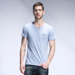 Men's T Shirts GustOmerD 2023 Summer Cotton Shirt Men Solid Hole Pocket V-neck Short Sleeve Tees Fashion Slim Fit Bamboo Clothes