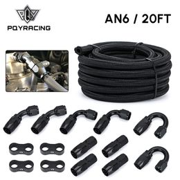 6Meter/20FT AN6 6AN Oil Fuel Fittings Hose End 0+45+90+180 Degree Stainless Steel Braided Oil Fuel Hose Line Black With Clamps PQY-OFK46BK