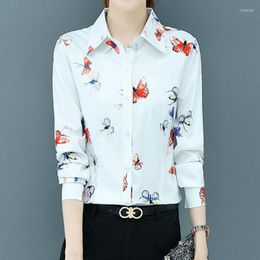 Women's Blouses Floral Print Shirt Women Long Sleeve Office Casual Turn Down Collar White Pink Tops Female Work Korean Chiffon Blusas