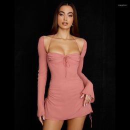 Casual Dresses Long Sleeve Solid Colour Inner Wear High Waist Square Collar Short Dress Wrapped Chest Temperament Commute Waisted Pink