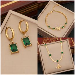 Necklace Earrings Set Jewellery For Women Fashion Emerald Love Butterfly Gold Colour Stainless Steel Bracelet Party Trend Gifts