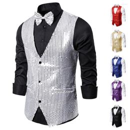 Men's Vests Men Stylish Suit Blazer Deep V-neck Solid Color Sequins Slim Vest Button Waistcoat For Business Wedding