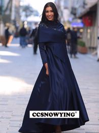 Party Dresses Navy Blue Long Sleeve Muslim Evening Dress Satin Appliques Hijab Prom Formal Gown Arabia Dubai Islamic Robe De Soiree 230515