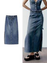 Skirts Vintage Summer Mid-Calf Denim Skirt For Women 2023 Solid High Wasit Size Zipper Jeans Female A-line With Lace