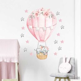 Kids' Toy Stickers Watercolor Pink Hot Air Balloon Wall Stickers for Baby Nursery Room Decoration Wall Decals Baby Elephant Home Decoration