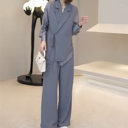 Women's Two Piece Pants Summer Office Lady Work Outfits Loose Jacket Stitching Bandage Shirt Pant Sets 2 Set Women Suit Blazer And