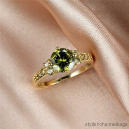 Band Rings Simple Female Olive Green Crystal Jewellery Charm Gold Colour Thin Wedding Rings For Women Cute Bride Round Zircon Engagement Ring