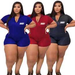 Artı boyut 3xl 4xl kadın tasarımcı tulumlar yarım fermuarlı bodysuit katı harf baskı v yaka kısa kollu şort sıska kulüp romper genel giyim