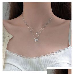 Pendant Necklaces Sier Shiny Butterfly Tassel Necklace Female Exquisite Double Layer Clavicle Chain Party Jewellery Gi Dhgarden Dhj9R