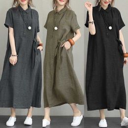 Casual Dresses Women Cotton Linen Pocket Dress Korean O-Neck Short Sleeve Loose Solid Midi Dresses AQJ-01 P230515