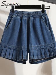 Women's Shorts SURMIITRO M-5XL Summer Fashion Korean Wide Leg Pleated Denim Jeans Shorts Women High Waist Short Pants Female With Pockets 230515