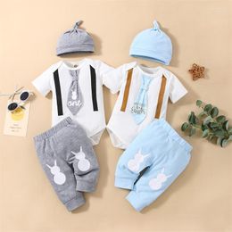 Clothing Sets Easter Outfits Born Baby Boys Three Piece Set Long Sleeve Tie Decor Lettering Romper Elastic Waist Pants Hat