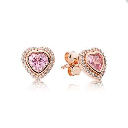 Luxury Rose Gold Heart Stud Earring for Pandora 925 Sterling Silver Wedding Jewellery designer Earrings For Women Pink Crystal diamond earring with Original Box