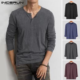 Mens TShirts INCERUN Fashion Men T Shirt Cotton Long Sleeve Fitness O Neck Solid Color Button Casual Basic Tshirts Camiseta Hombre 230512